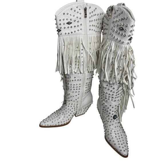 NWT Azalea Wang Bennett White Rhinestone Fringe Western Boots Glam Cowgirl - Picture 8 of 12